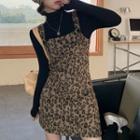 Long-sleeve Turtleneck Knit Top / Leopard Print Mini Overall Dress