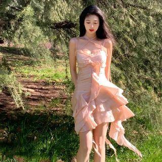 Spaghetti Strap Lace-up Ruffled A-line Dress