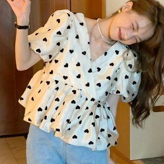 Puff-sleeve Heart Print Peplum Blouse Almond - One Size