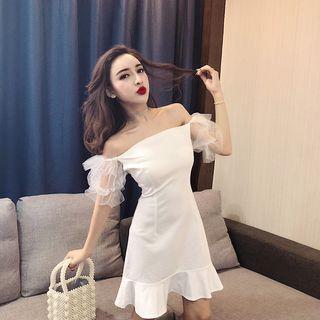 Off-shoulder Mesh Elbow-sleeve A-line Dress