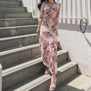 3/4-sleeve Floral Printed V-neck Maxi Dress