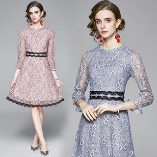 3/4-sleeve Floral Lace A-line Dress