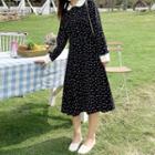 Contrast Collar Patterned Long-sleeve Midi A-line Dress