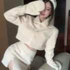 Collared Single-breasted Fleece Jacket / Slit Mini A-line Skirt / Mittens / Set