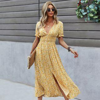 Floral Short-sleeve V-neck Split Button-up A-line Midi Dress