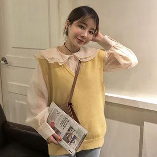 Long-sleeve Blouse / V-neck Knit Vest