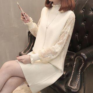 Frilled Neck Lace Sleeve Knit Dress