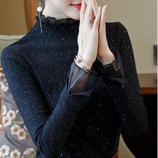 Long-sleeve Glitter Mock Neck T-shirt