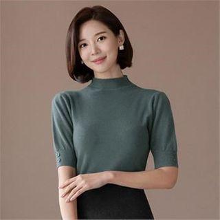 Mock-neck Short-sleeve Slim Knit Top Green - One Size