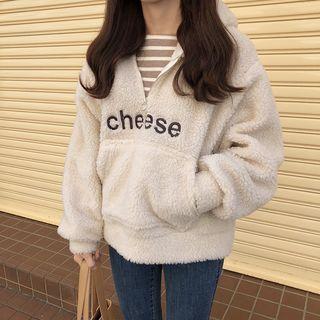 Lettering Embroidered Furry Hoodie