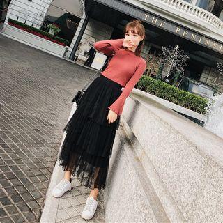 Set: Mock-neck Long-sleeve Knit Top + Midi Mesh Skirt