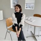 Shirred Puff-sleeve Knit-panel Top