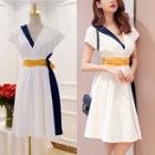 Short-sleeve Colored Panel A-line Dress