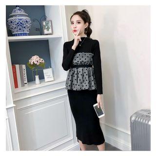 Long-sleeve Paneled Midi Peplum Knit Dress