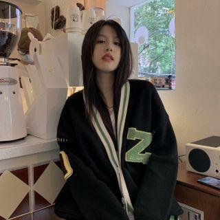 Lettering V-neck Cardigan Green - One Size