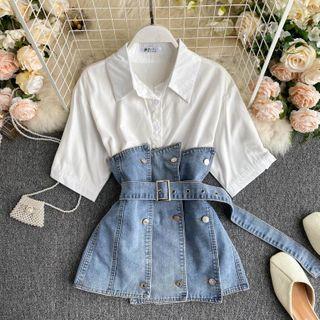 Set: Plain Short-sleeve Shirt + Denim Belt