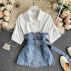Set: Plain Short-sleeve Shirt + Denim Belt