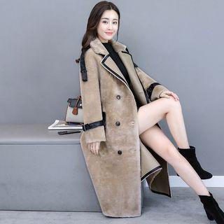Faux Leather Panel Double-breasted Coat