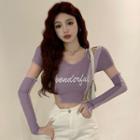 Set: Short-sleeve Lettering Cutout Crop T-shirt + Arm Sleeves