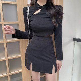 Set: Long-sleeve Qipao Crop Top + Mini Fitted Skirt