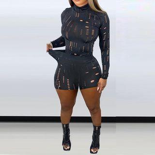 Set: Long-sleeve Mock-neck Cutout Slim Fit Top + Shorts
