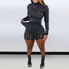 Set: Long-sleeve Mock-neck Cutout Slim Fit Top + Shorts