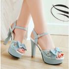 Lace Panel Bow Faux Leather High-heel Sandals