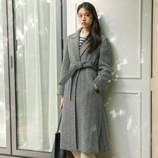 Open-front Herringbone Coat With Sash Black - One Size