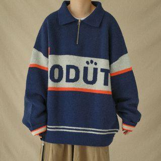 Color-block Polo-collar Sweater