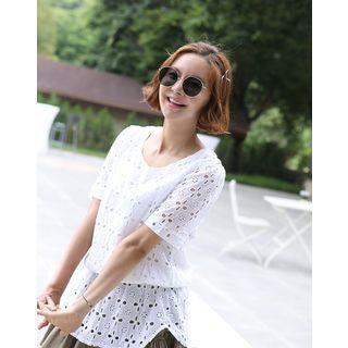 Band-waist Eyelet-lace Top White - One Size