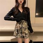 Long-sleeve Blouse / Cat Print Mini Fitted Skirt