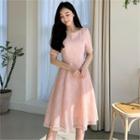 Short-sleeve Mesh Overlay Laced Dress With Belt