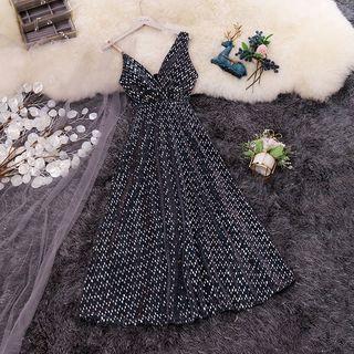 Glitter Chain Strap V-neck A-line Midi Dress