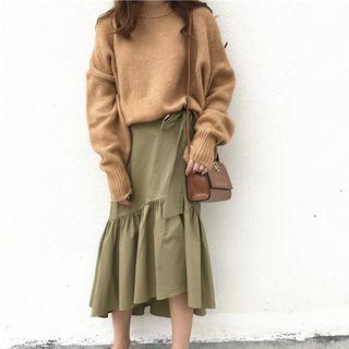 Crew-neck Long Sweater / Ruffle Hem Midi A-line Skirt
