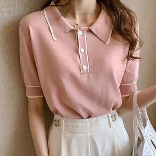 Contrast Trim Short-sleeve Collared Knit Top