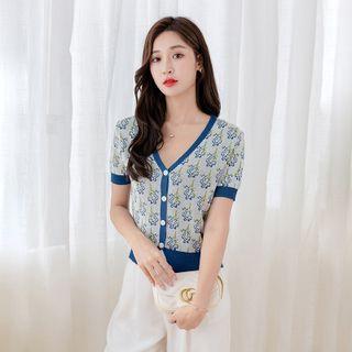 Floral Button-front Short Sleeve Knit T-shirt Blue - One Size
