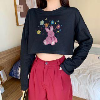 Long-sleeve Rabbit Print Cropped T-shirt