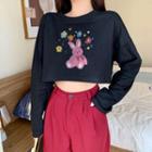 Long-sleeve Rabbit Print Cropped T-shirt