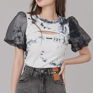 Puff-sleeve Mesh Panel Cutout Cropped T-shirt