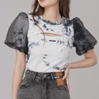 Puff-sleeve Mesh Panel Cutout Cropped T-shirt