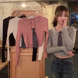 Collared Long-sleeve Cropped Knit Top With Necktie