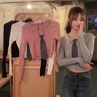 Collared Long-sleeve Cropped Knit Top With Necktie