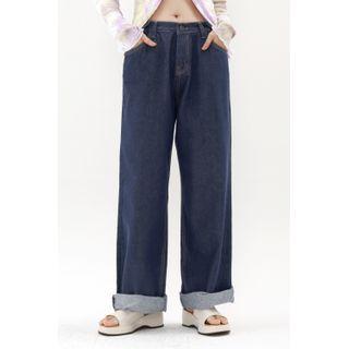 Adjustable-waist Wide-leg Jeans Dark Blue - One Size