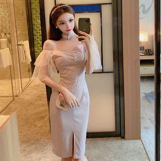 Mesh Panel Off-shoulder Sheath Dress