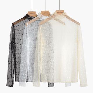 Mock-turtleneck Dotted Lace Blouse