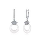 Sterling Silver Elegant Lotus White Ceramic Earrings With Cubic Zircon Silver - One Size