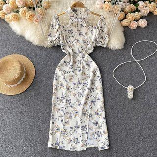 Short-sleeve Stand-collar Off-shoulder Floral Slit Dress