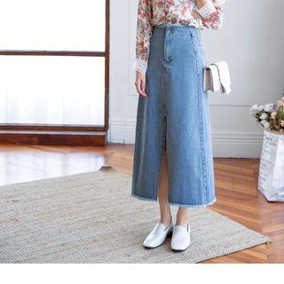 Slit-front Denim Maxi A-line Skirt