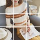 3/4-sleeve Striped Ruffled Knit Top