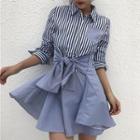 Striped Panel Tie-waist Shirt As Shown In Figure - One Size
